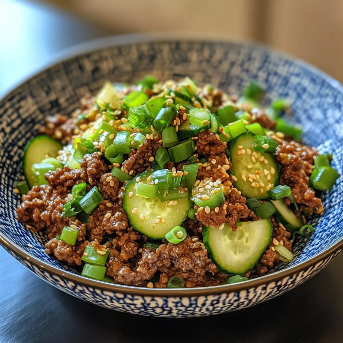 Spicy Korean Ground Beef with Cucumber Salad