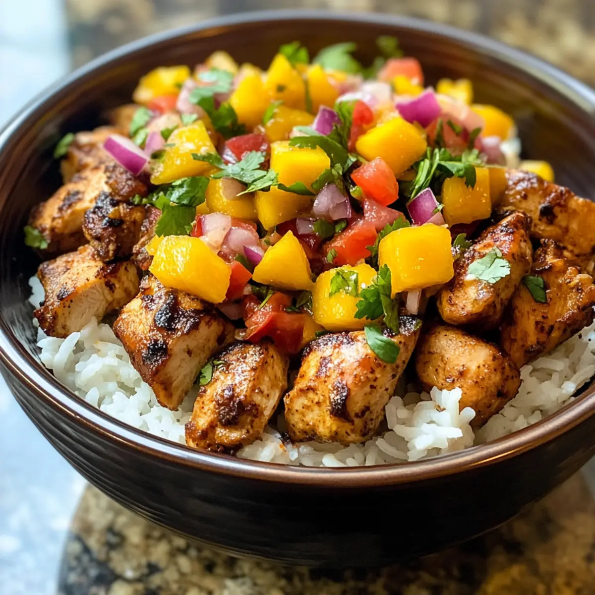Jerk Chicken Bowls with Mango Salsa and Coconut Rice