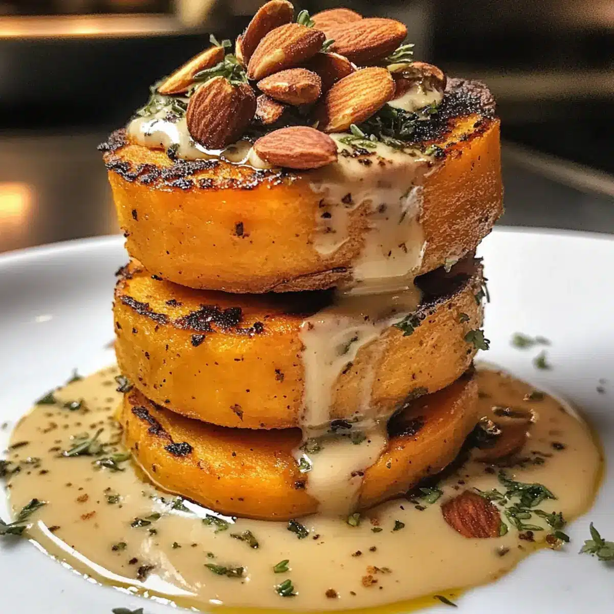 Sweet Potato Fondant with Smoked Almond Cream & Rosemary Oil