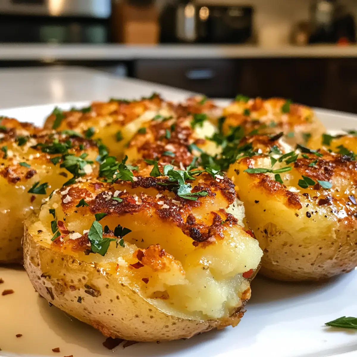 Baked Smashed Potatoes With Garlic & Parmesan