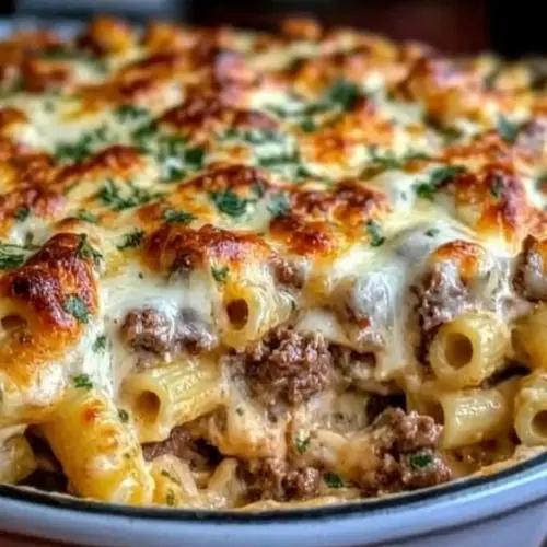 Creamy Beef Alfredo Ziti Casserole