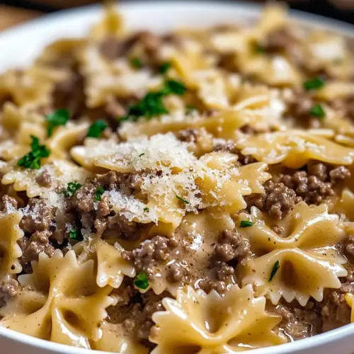 Creamy Parmesan Garlic Beef Bowtie Pasta