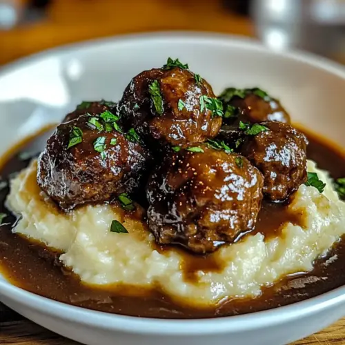 Salisbury Steak Meatballs With Garlic Herb Mashed Potatoes
