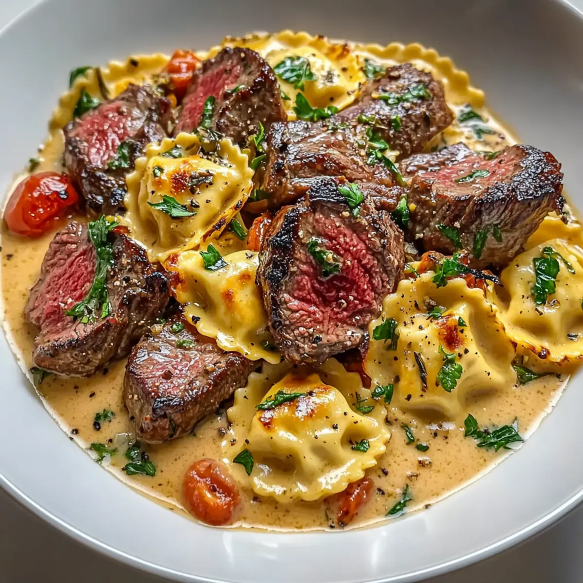 Steak and Ravioli with Creamy Garlic Herb Sauce