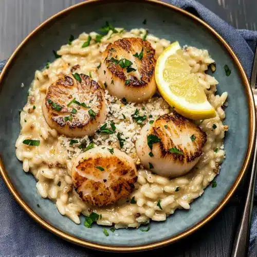 Lemon Butter Scallops Over Parmesan Risotto