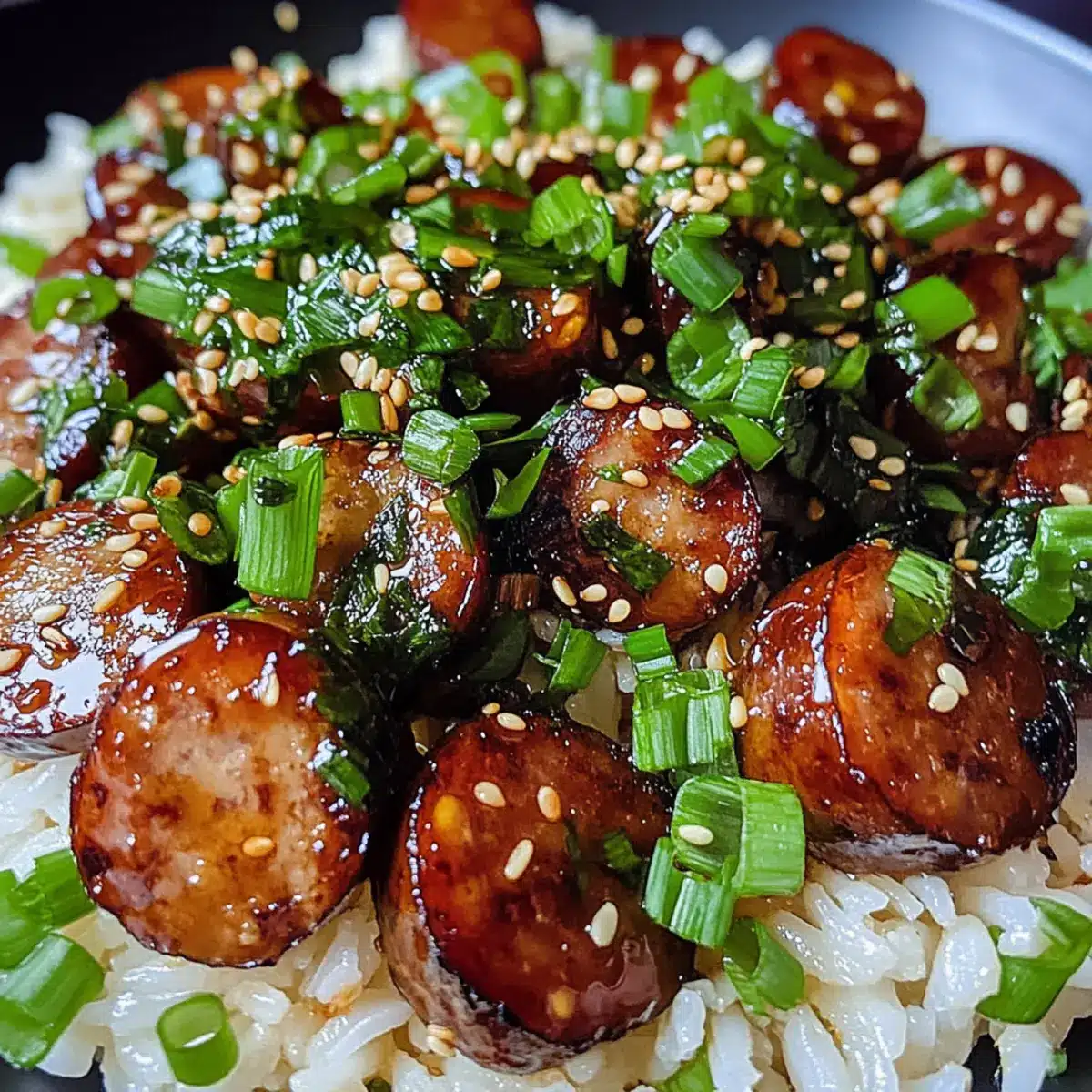 Sticky Honey Garlic Smoked Sausage Rice