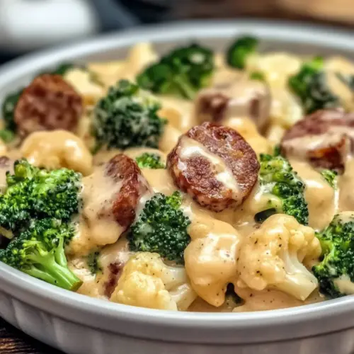 Keto Broccoli & Cauliflower Au Gratin with Sausage