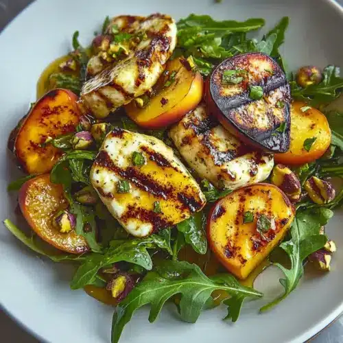Spicy Hot Honey Halloumi Salad with Grilled Peaches